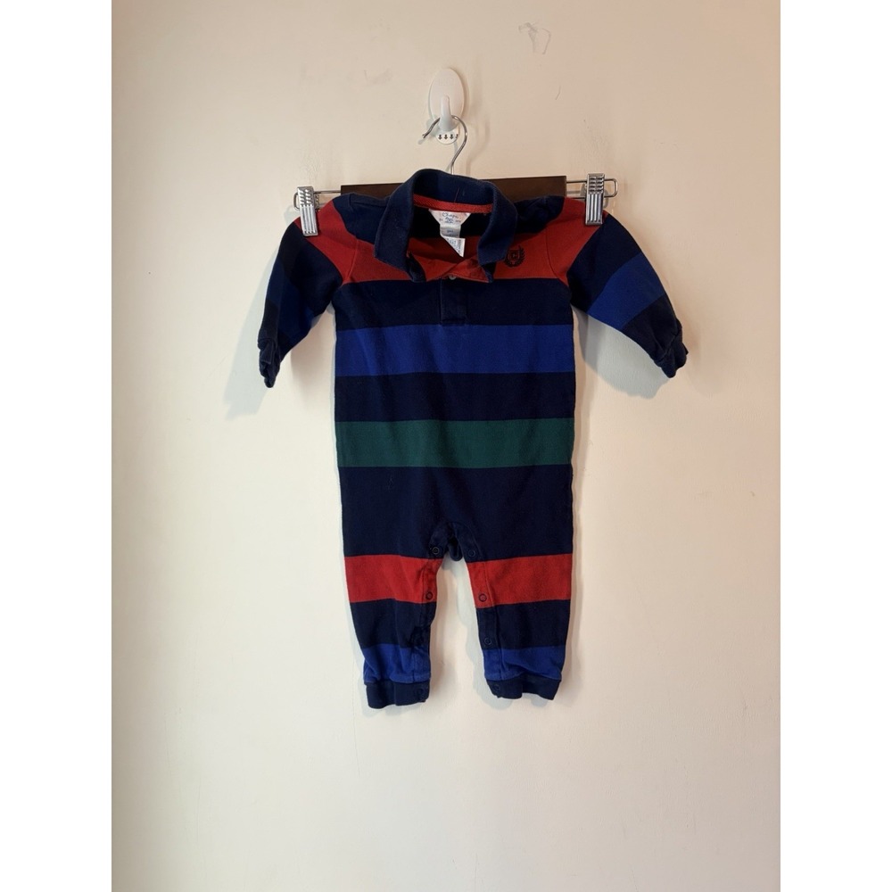 Vintage Chaps Romper Baby Boys‎ 9 Months Blue Rugby Stripes Collared Footless